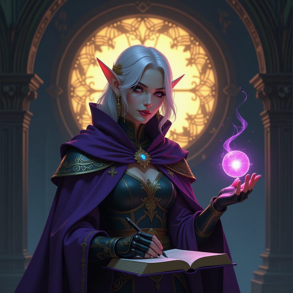 Half-Construct Elf Archivant in Dark Fantasy Style