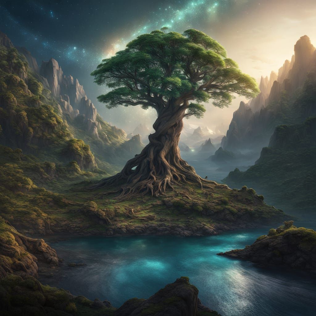 Colossal Ancient Tree Touching Stars, Villages on Branches