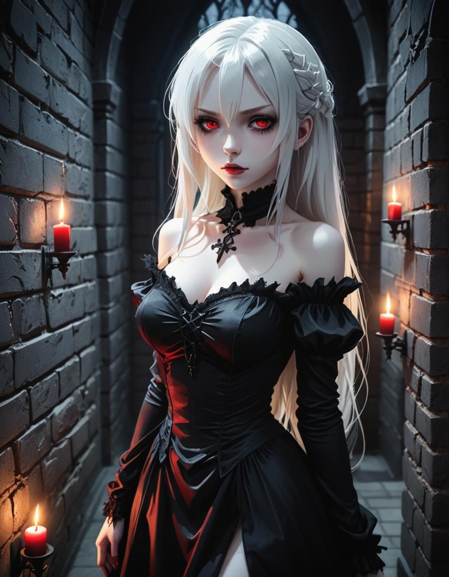 Anime Gothic Woman in Candlelit Hallway