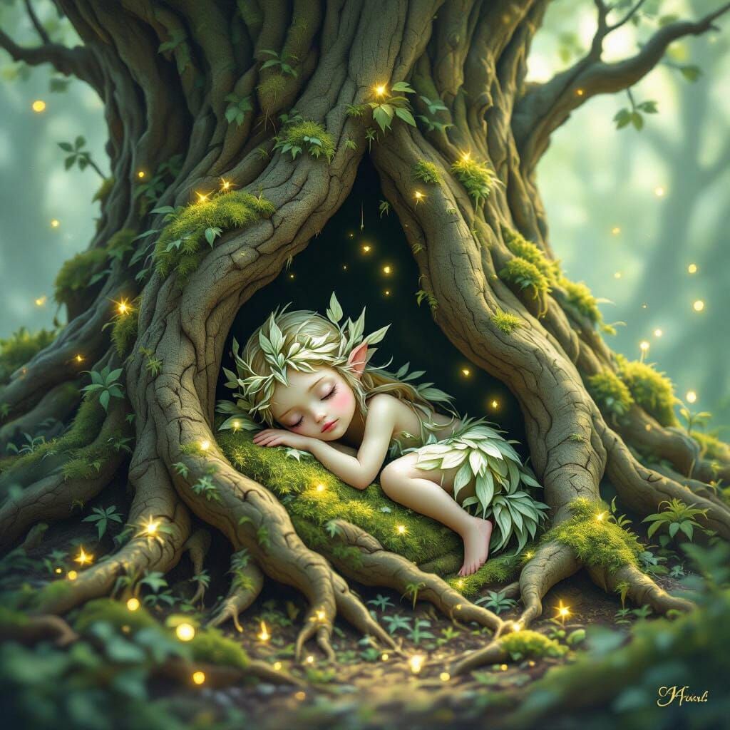 Shy Forest Spirit Slumbers in Ancient Tree Roots