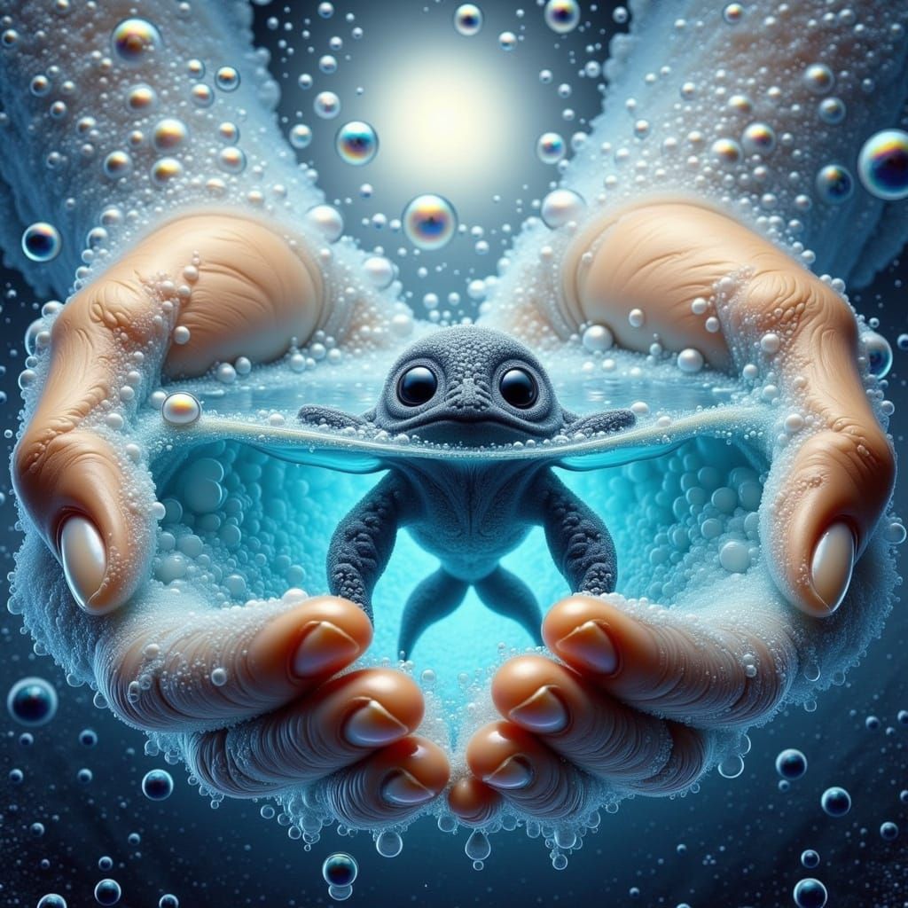 Ethereal Hands Hold Miniature Ocean with Curious Whale