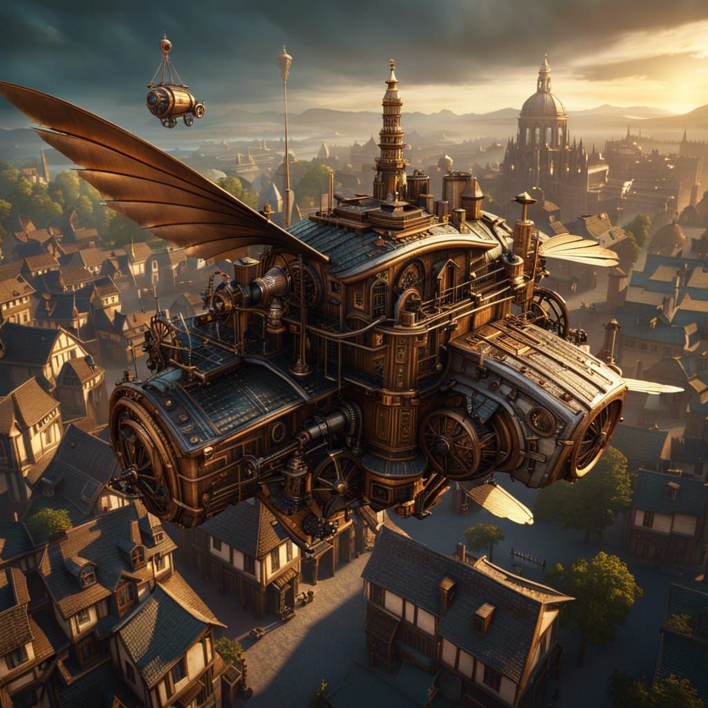 Steampunk Da Vinci Flying Machine Over Medieval City