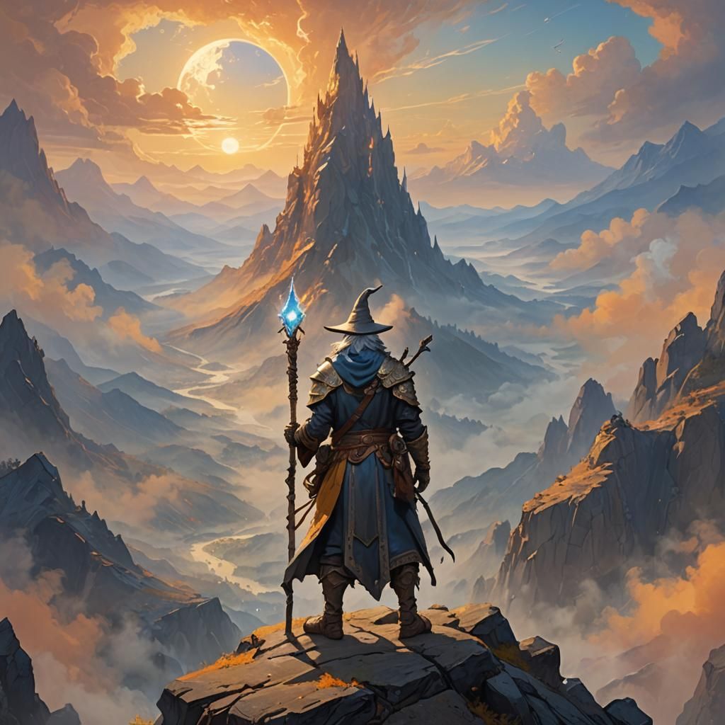 Kor Wizard on Mountain Peak: Fantasy Art