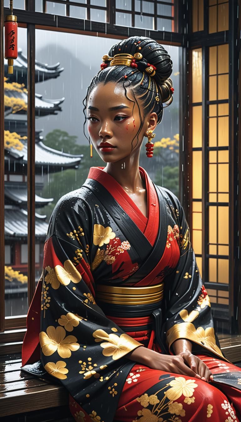 Rainy Kimono: Japanese Woodcut Style Portrait