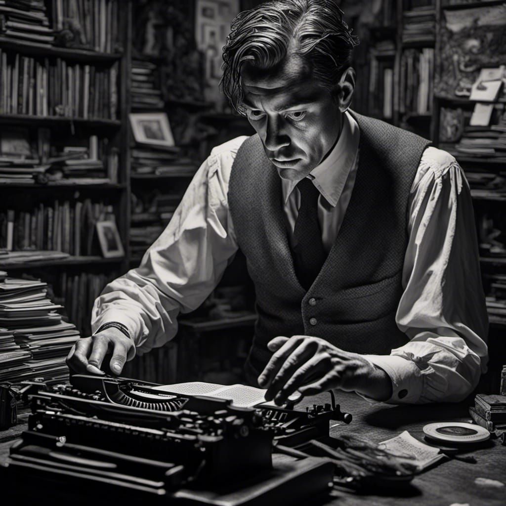 Noir Detective at Typewriter with Psychedelic Flair