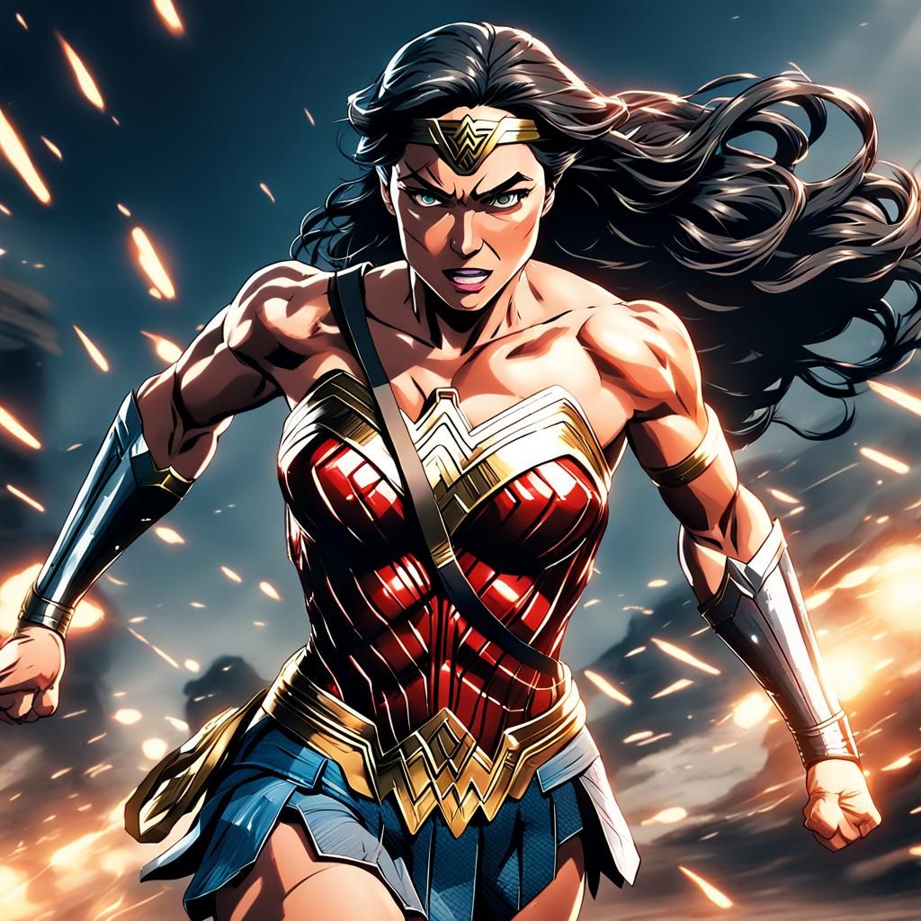 Anime Wonder Woman on Battlefield in Cel-Shaded Style