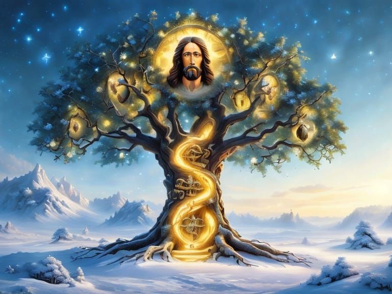 Arctic Landscape Features Giant Tree with Divine Faces