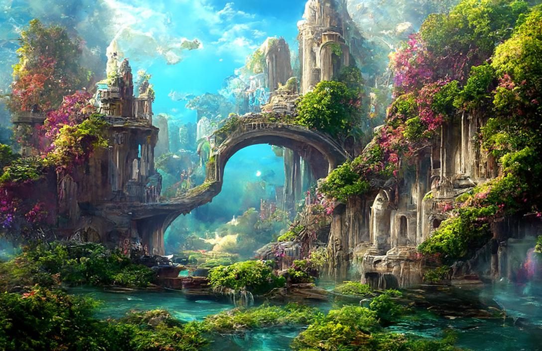 Luminous Underwater Temple Ruins in Fantasy Style