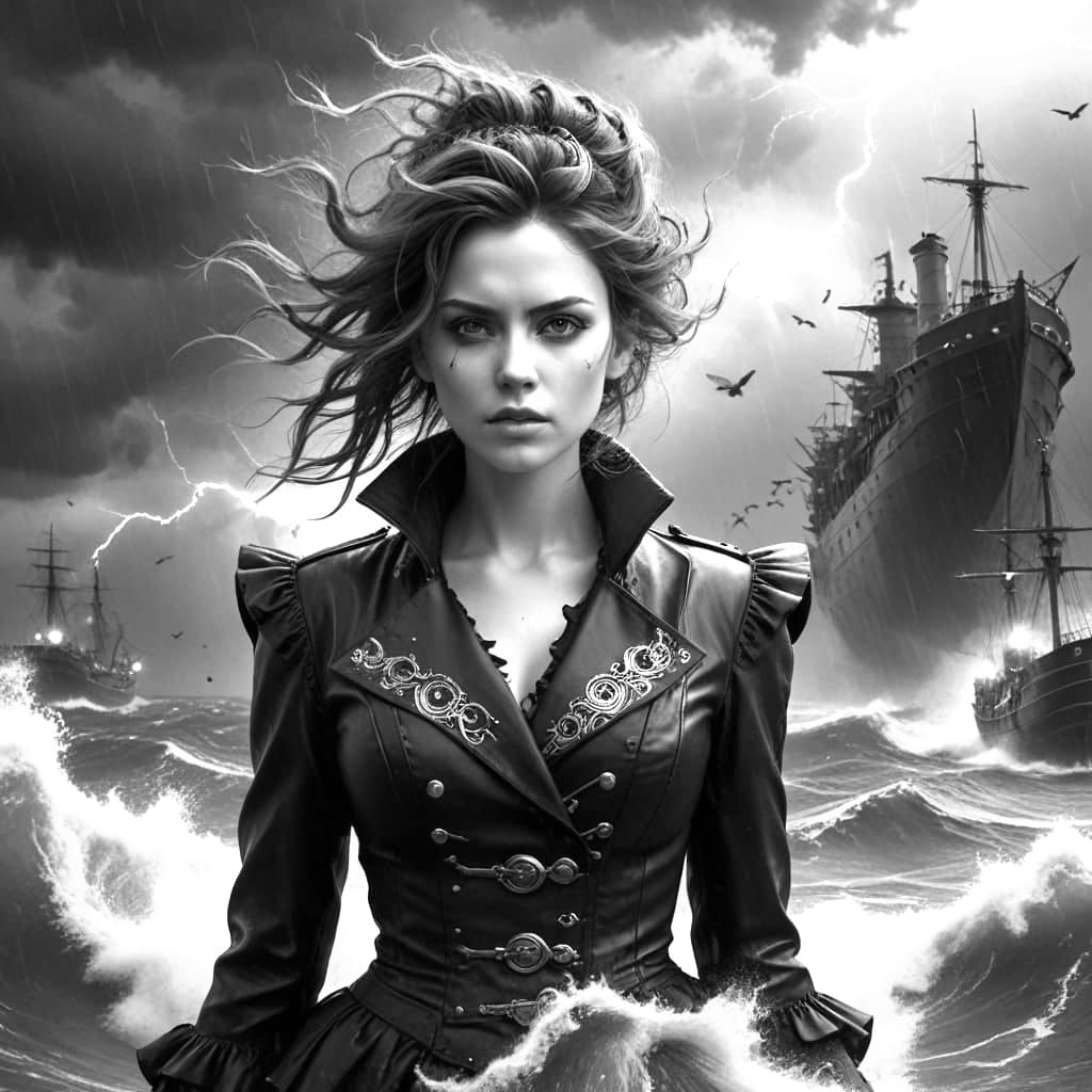 Steampunk Woman in Stormy Seas Portrait