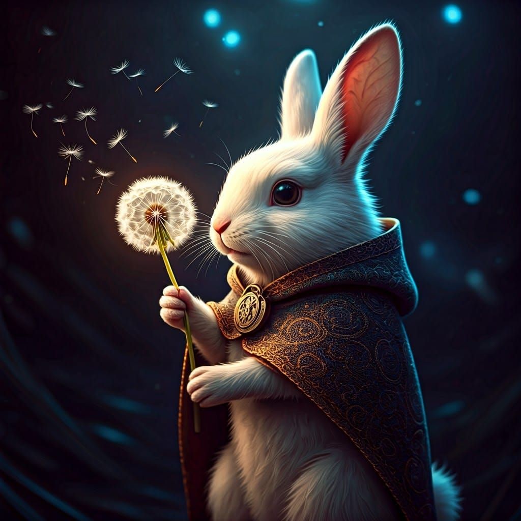 Whimsical Rabbit Blowing Dandelion Seeds in Dreamscape