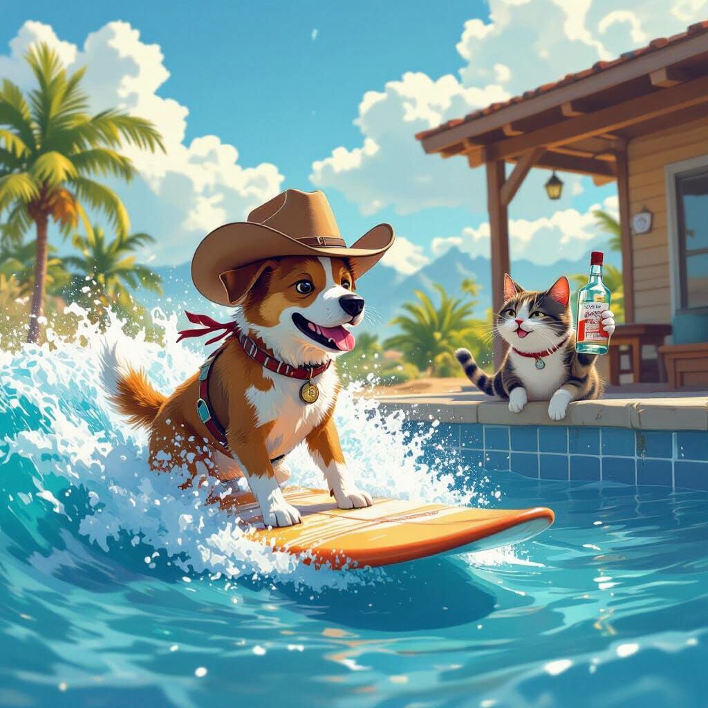 Dog Surfing in Pool with Cat Cheerleader