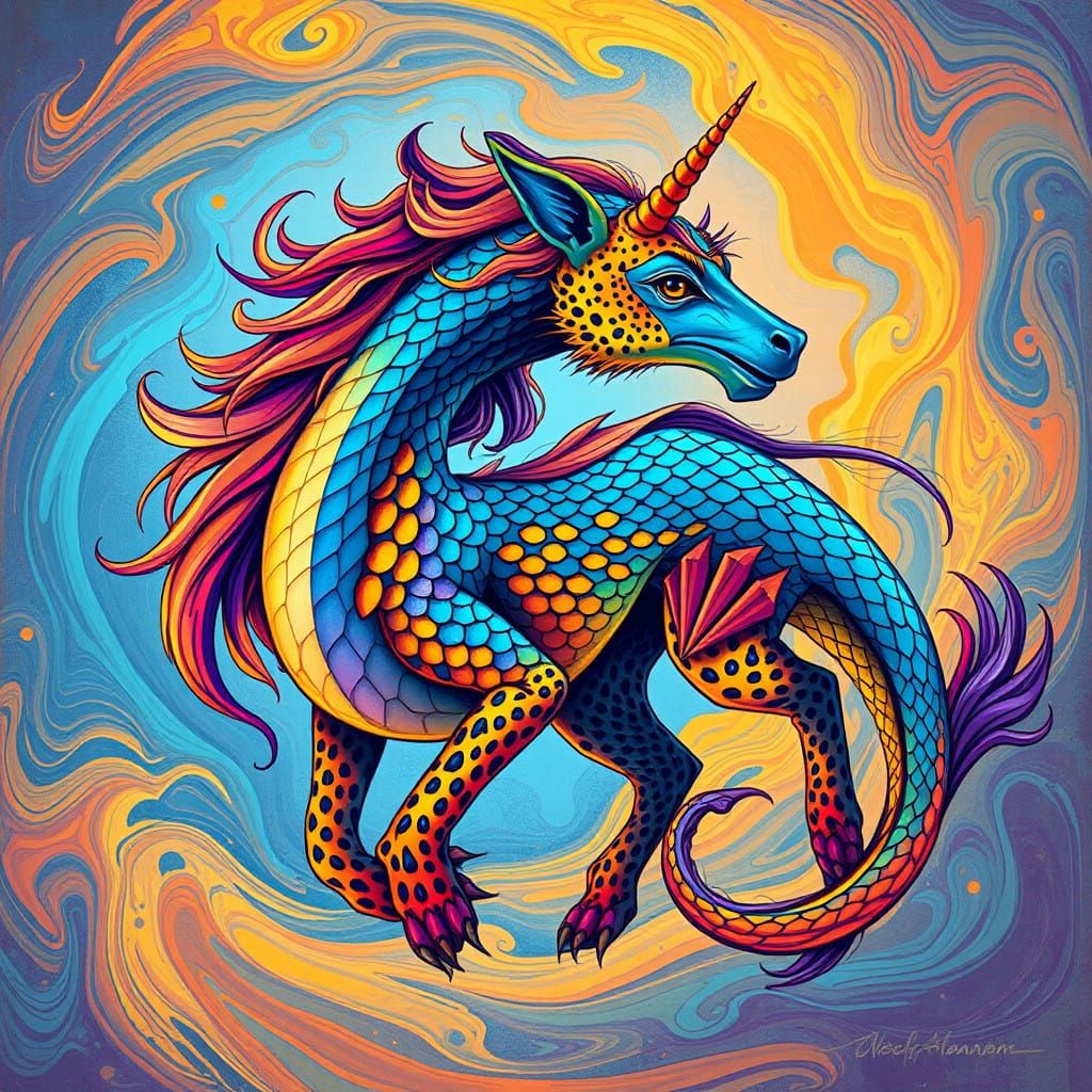 Vibrant Cheetah Unicorn Dragon Hybrid in Swirling Abstract A...