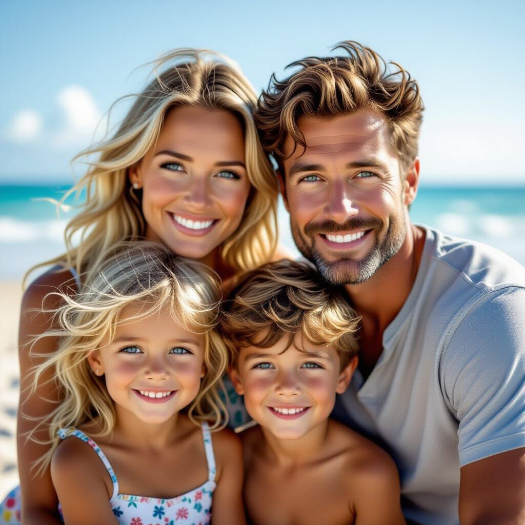 Family's Beach Vacation in Photorealistic Style