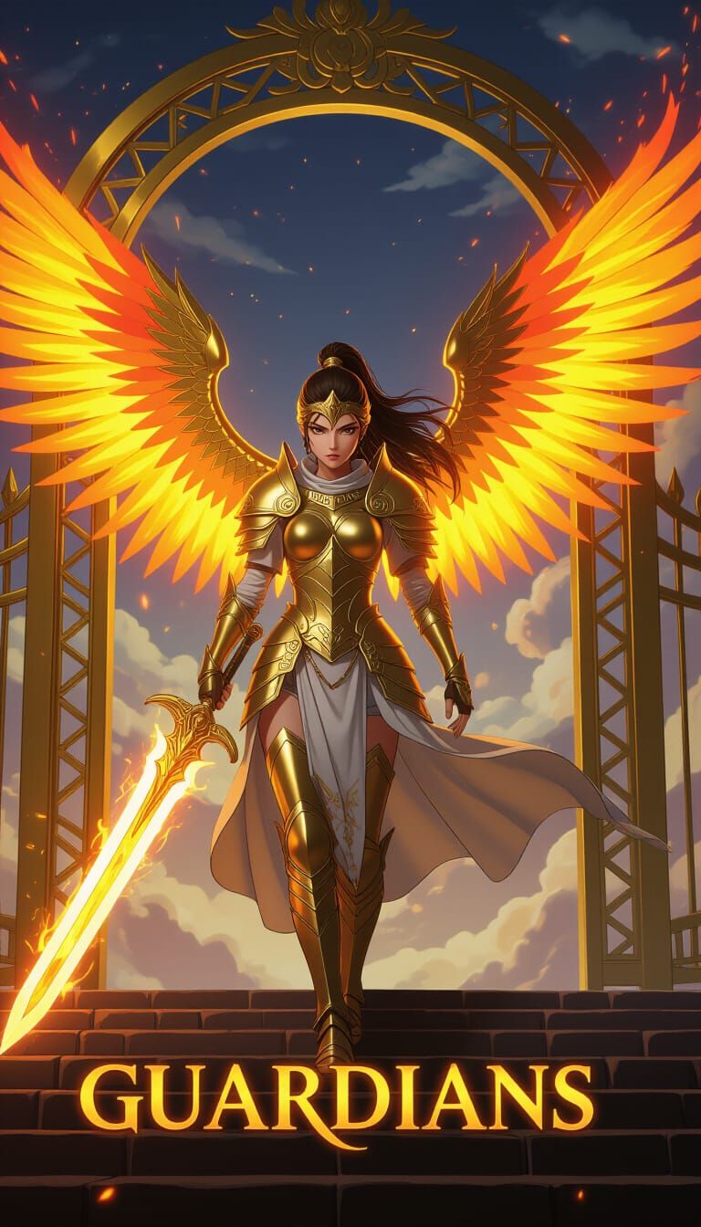 Anime Female Warrior with Flaming Sword and Wings