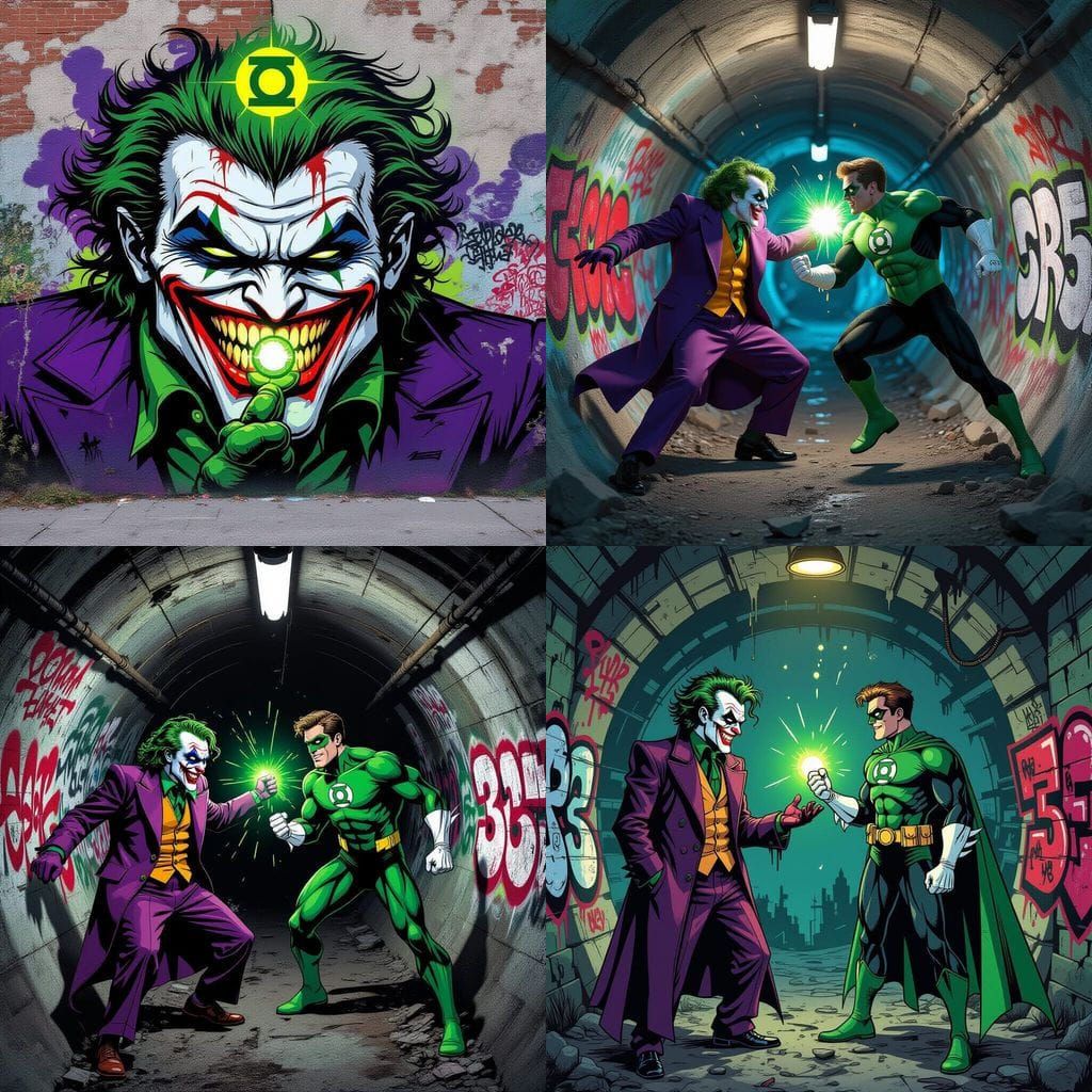 Joker and Green Lantern Battle in Tim Burton Graffiti Style