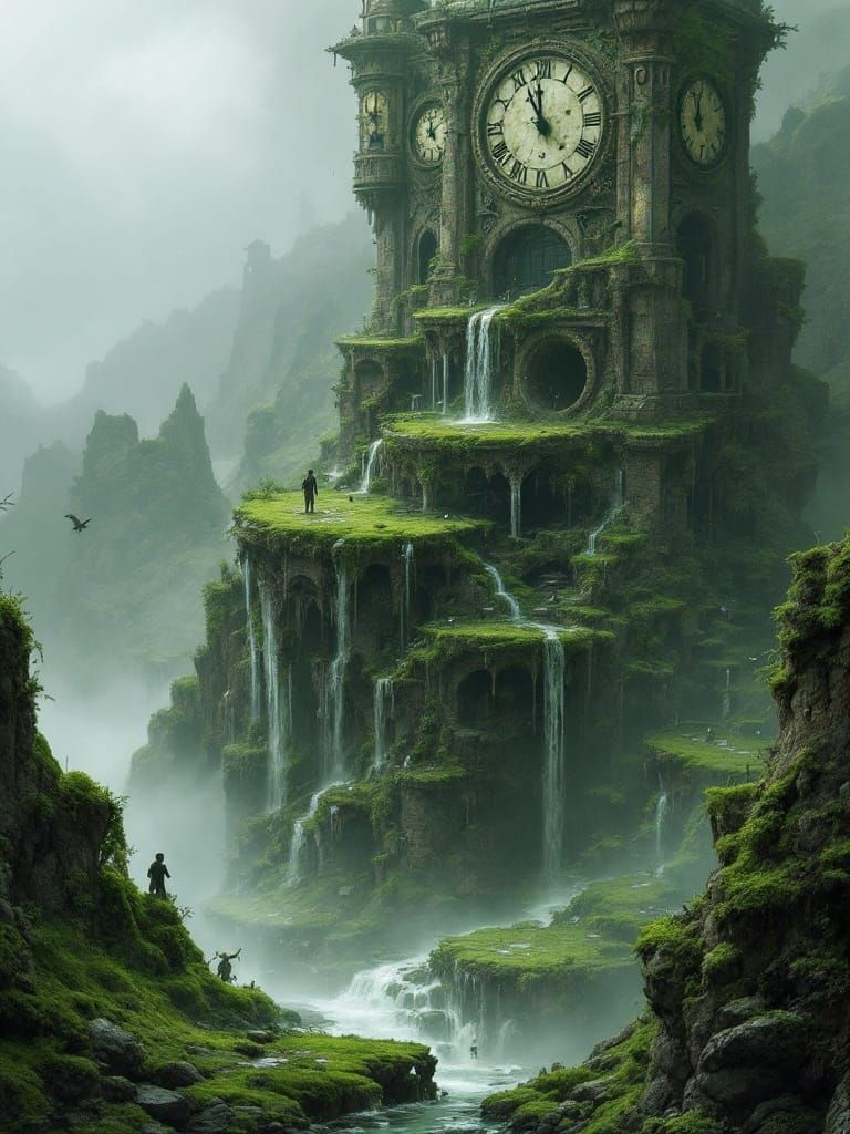 Surreal Steampunk Landscape with Waterfalls and Clock Faces