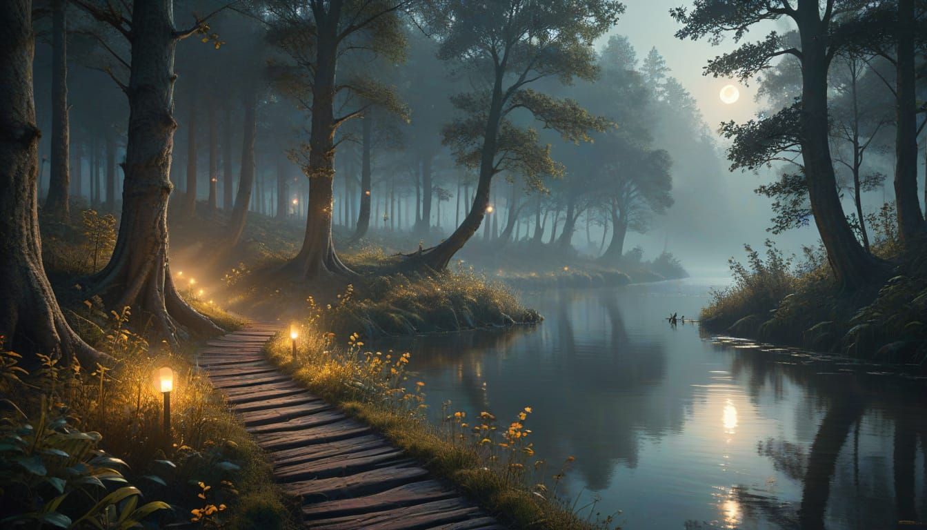 Ethereal Moonlit Lake in Forest Fantasy