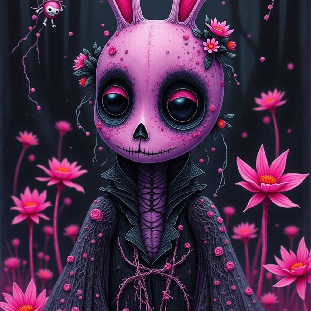 Gothic Haunted Bunny Doll with Sugar Skull Face