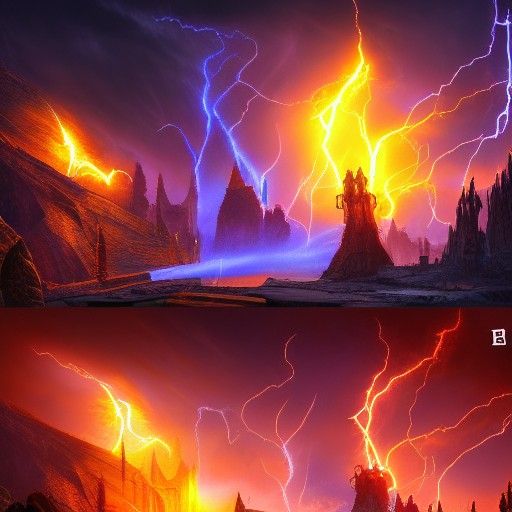 Epic Wizard Duel Amidst Fire and Lightning
