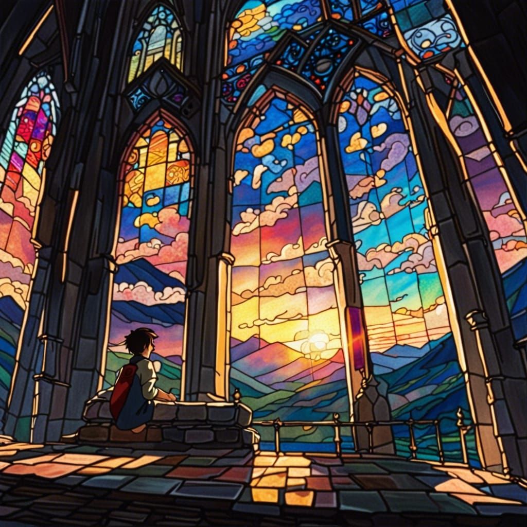 Stained Glass Castle Between Mountains at Sunset