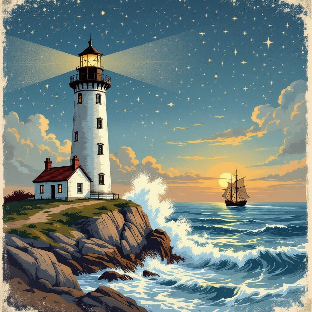 Vintage Lighthouse Beacon in Starry Night Sky