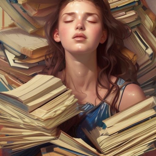 Girl Buried in Books: Hyperdetailed Artstation Portrait