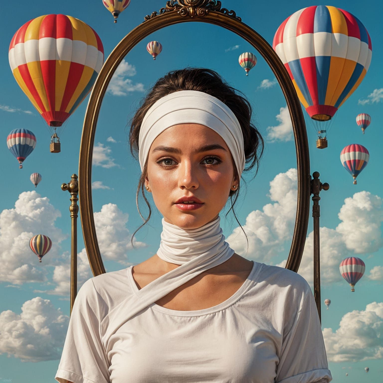 Bandaged Woman with Balloons in Surrealist Painting