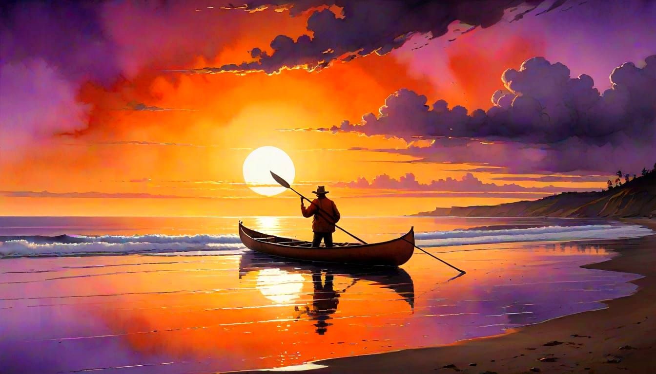 Fisherman in Sunset Glow, Watercolor Style