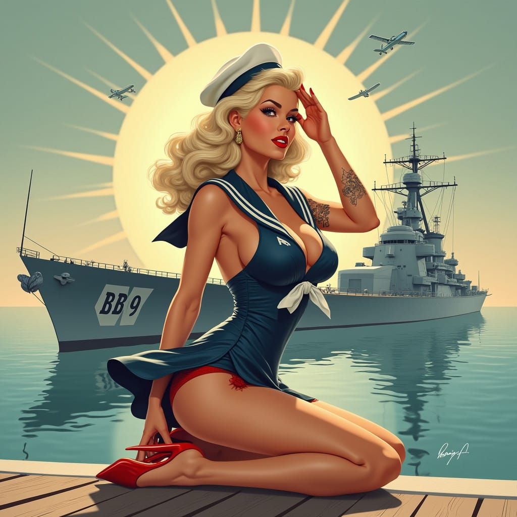 Vintage Pinup Girl in Sailor Dress Salutes Battleship
