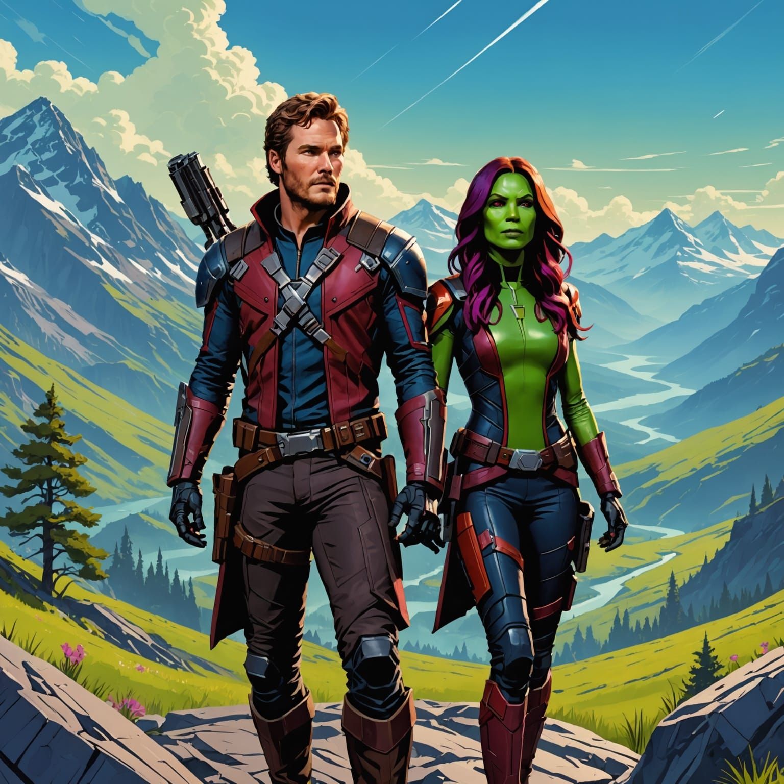 Gamora and Star-Lord in Mountain Landscape
