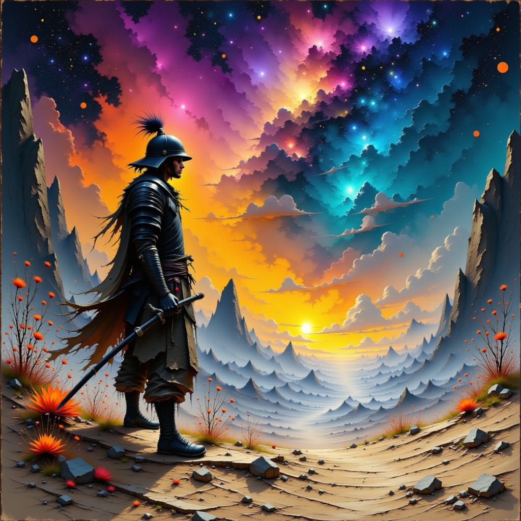 Lone Samurai Gazing at Cosmic Sky: Digital Art