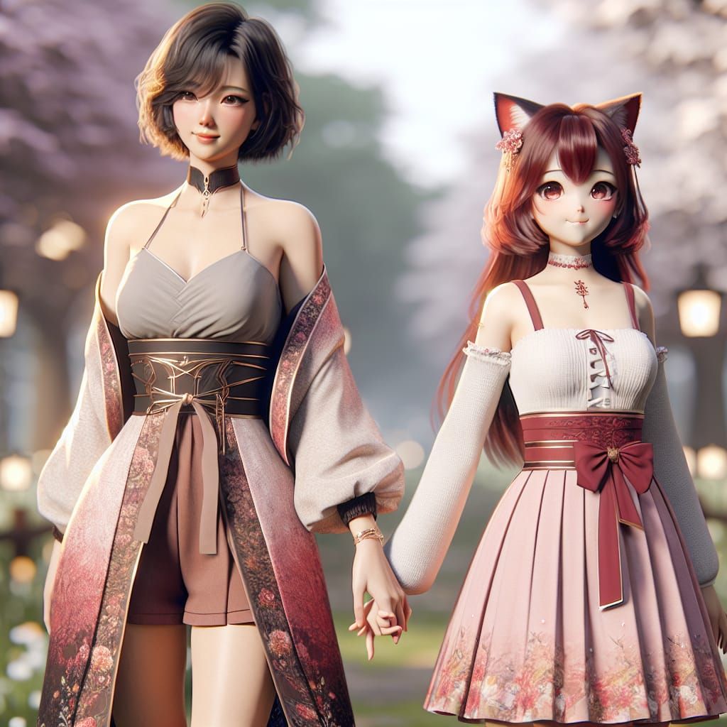 Anime Style: Friends Walking in Spring Park