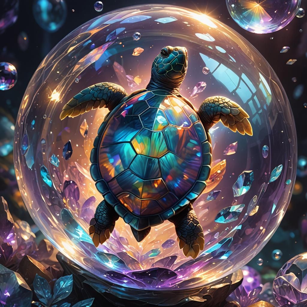 Crystal Turtle in Iridescent Bubble: Fantasy Art