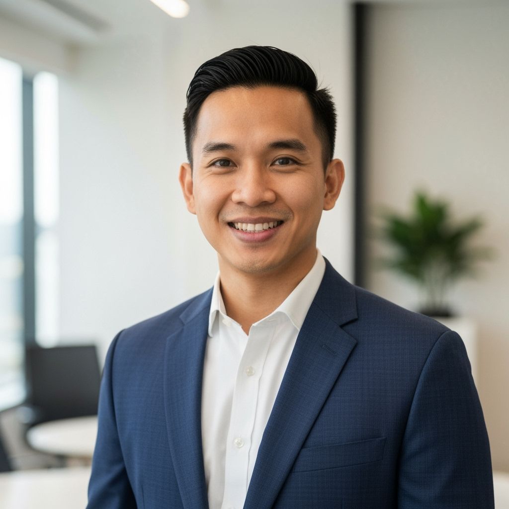 Smiling Southeast Asian Businessman Headshot in Modern Offic...