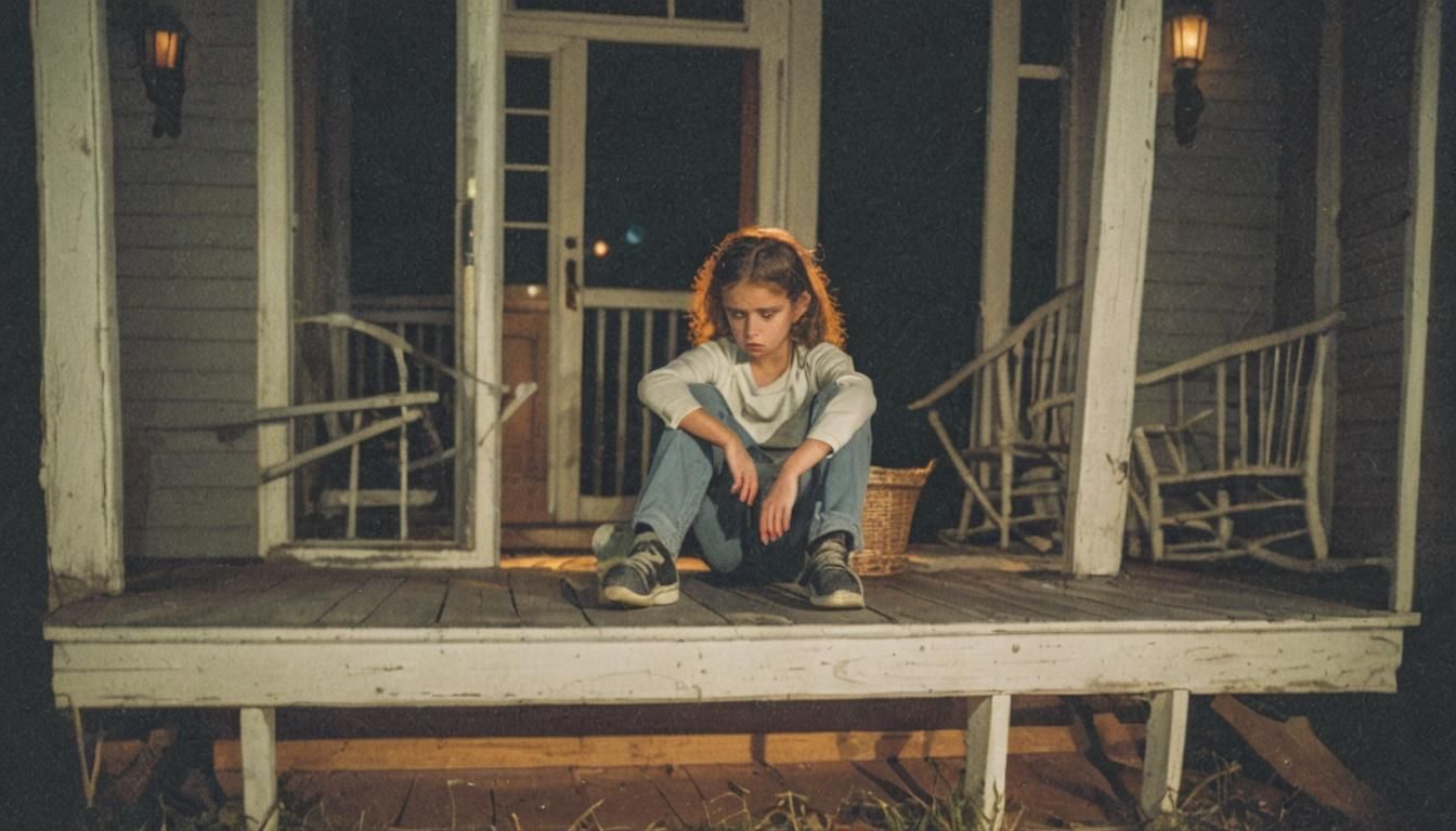 Sad Girl on Porch at Night in Film Still