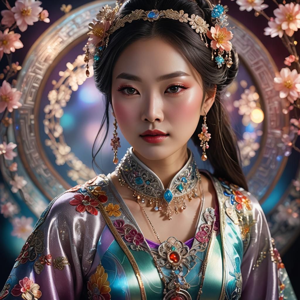 Chinese Woman in Hanfu and Futuristic Jewelry