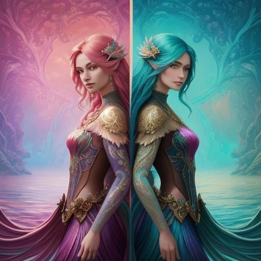 Peacock Feather Mermaids in Underwater Fantasy Art