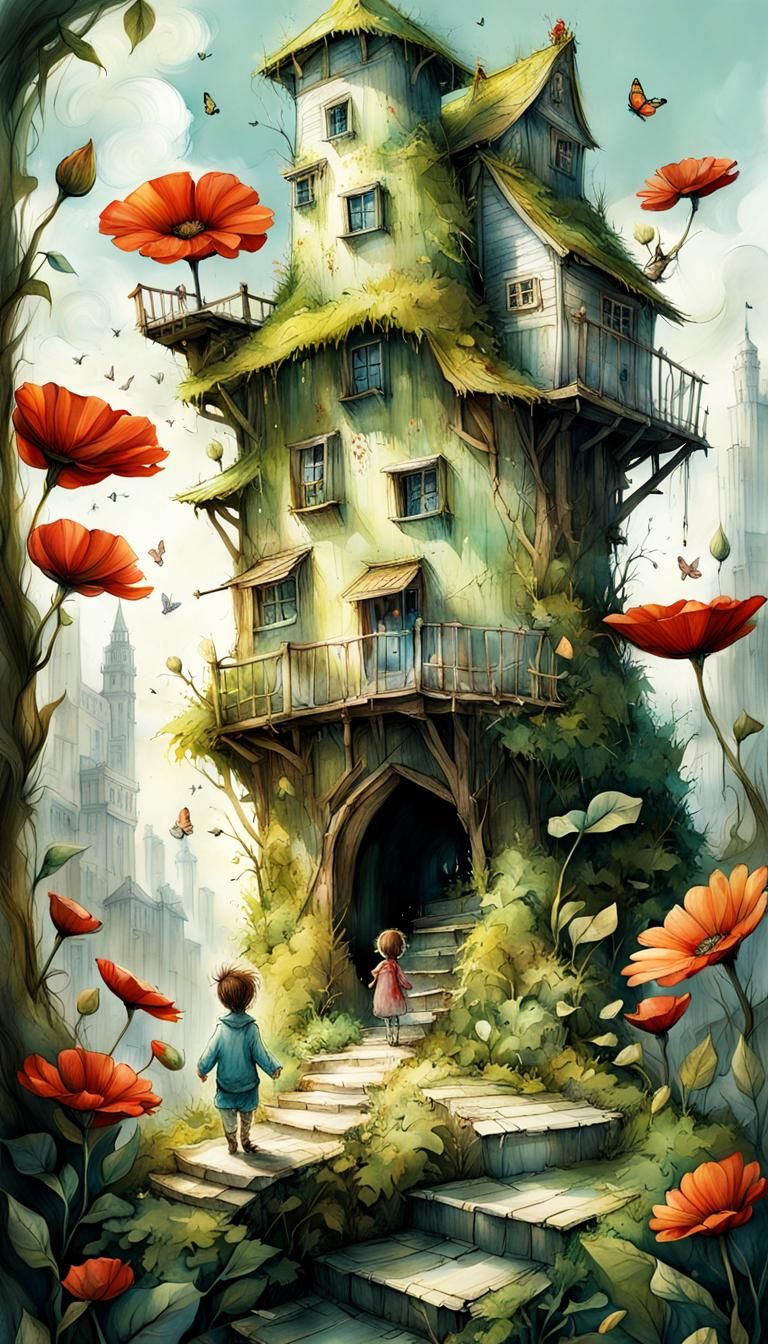 Whimsical Jack and Beanstalk Storybook Illustration