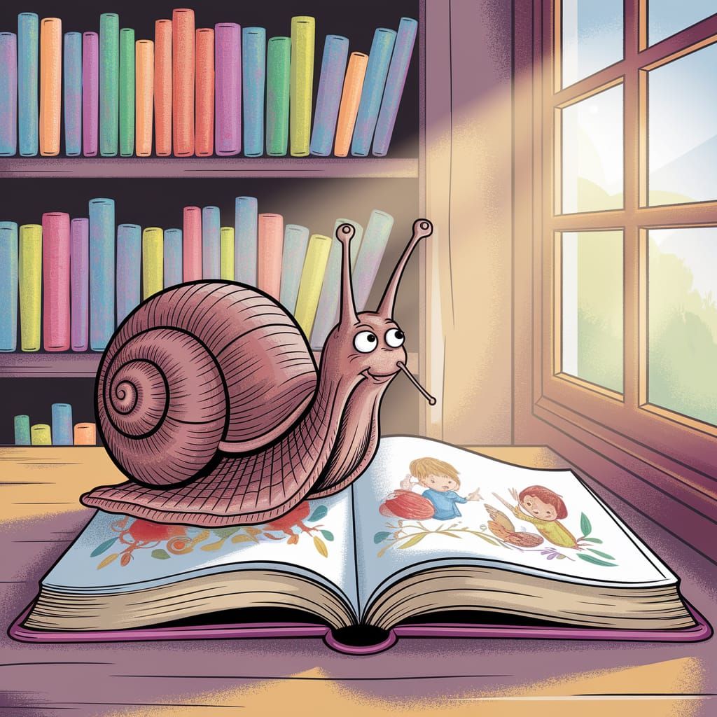 Curious Snail Reads a Children's Book Illustration