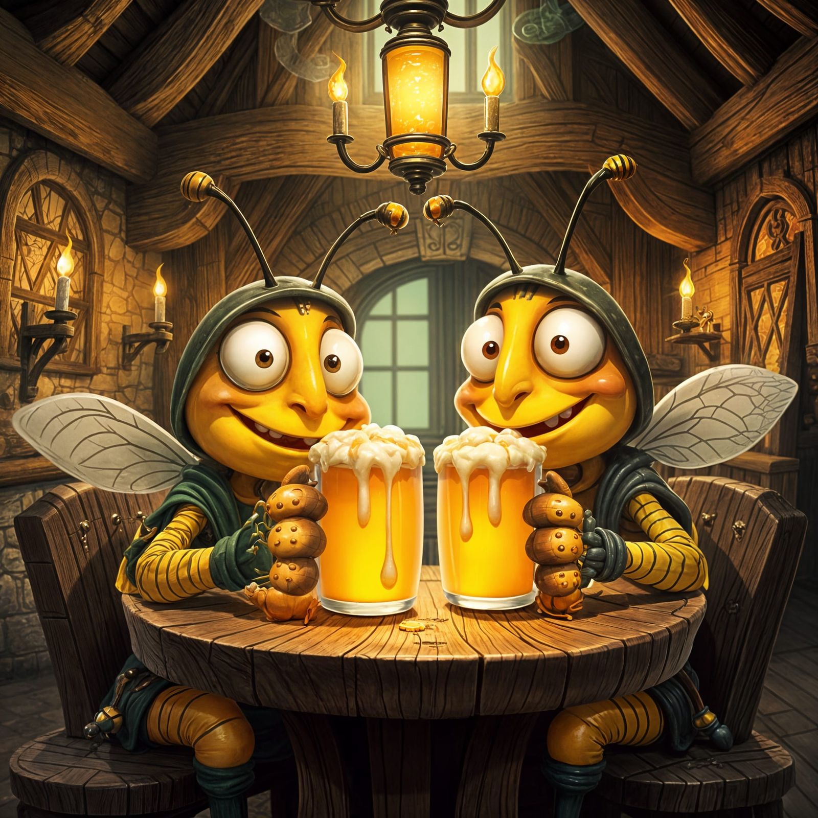 Whimsical Cartoon Bees Enjoy Honey Mead in Medieval Inn