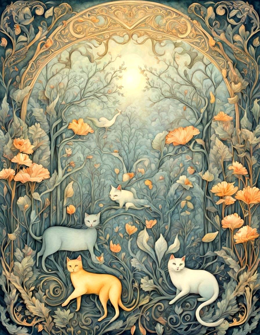 Whimsical Ghost Cats in Dreamlike Forest