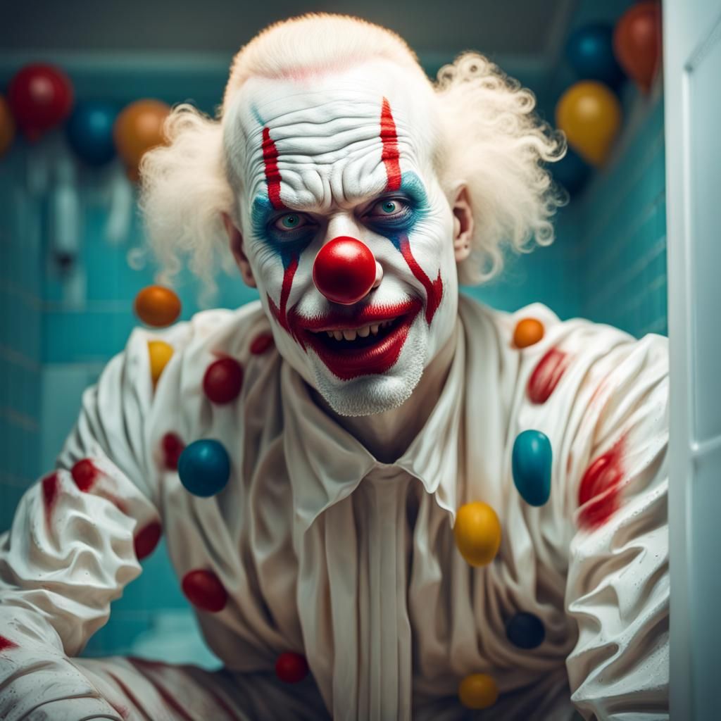 Creepy albino man in a clown costume in the bathroom