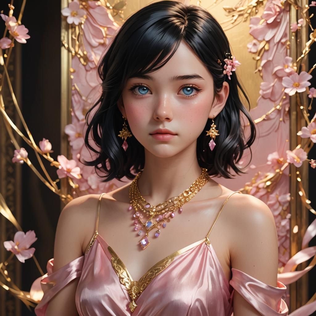 Anime Girl in Pink Silk Dress, 3D Art