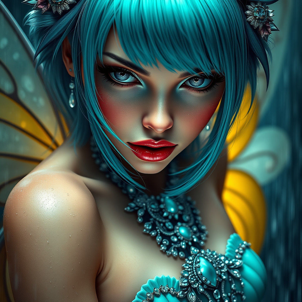 Turquoise Fairy Dazzles with Intense Gaze in Dark Fantasy Ar...
