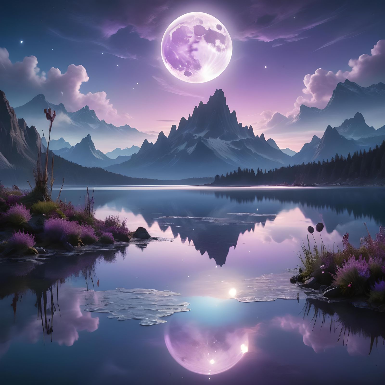 Surreal Moonlit Dreamscape with Bioluminescent Flora