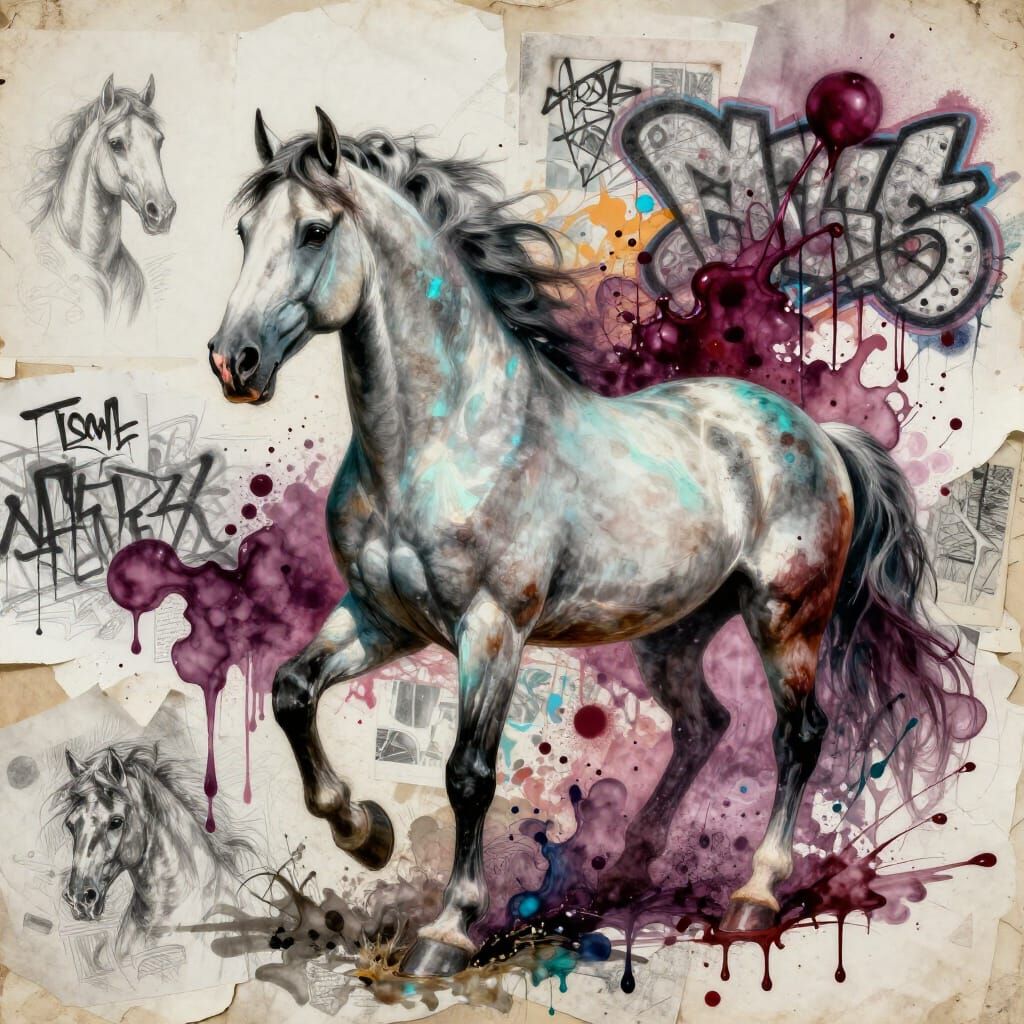 Renaissance Wild Horse with Ink Splashes