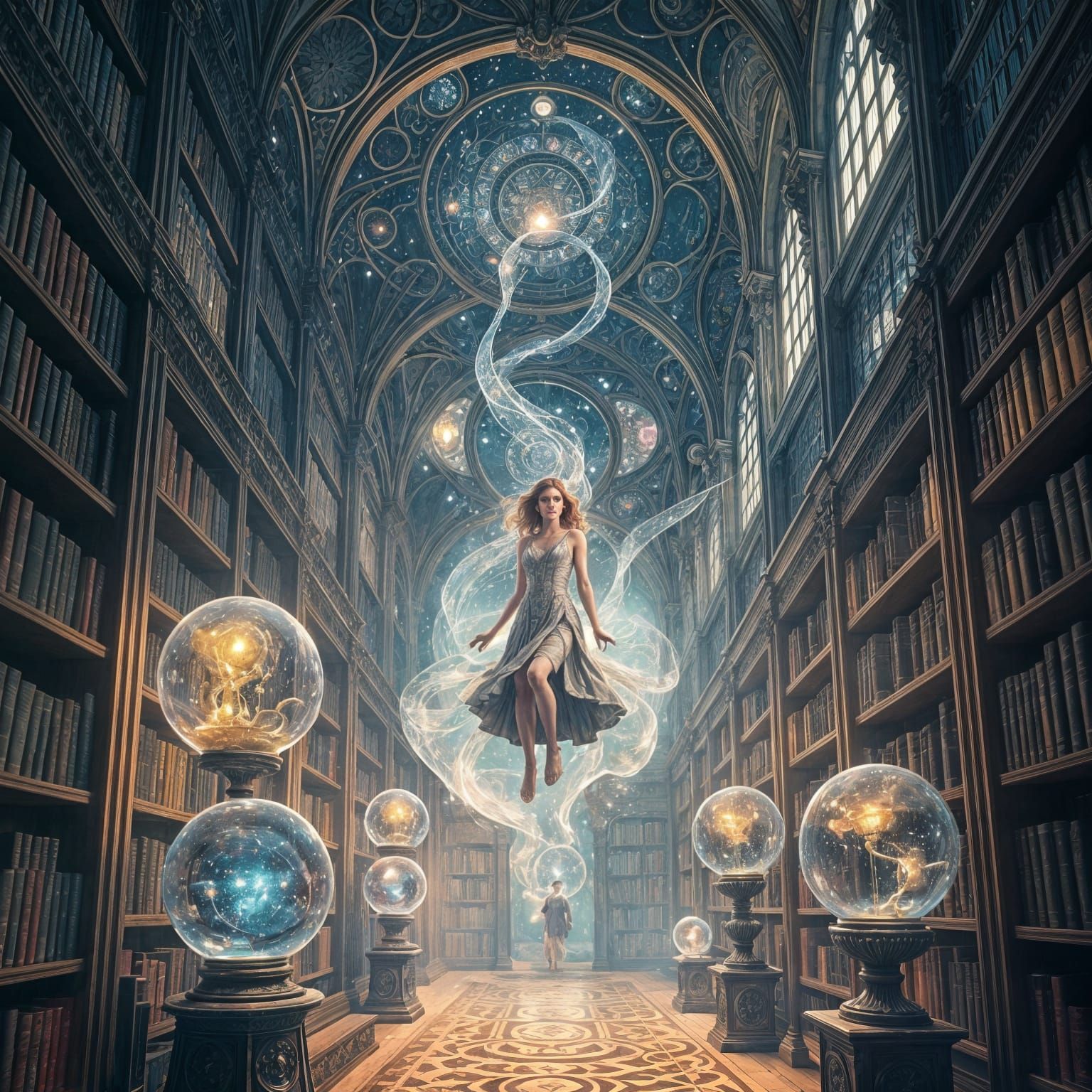 Celestial Library of Shimmering Galaxies in Glass Orbs