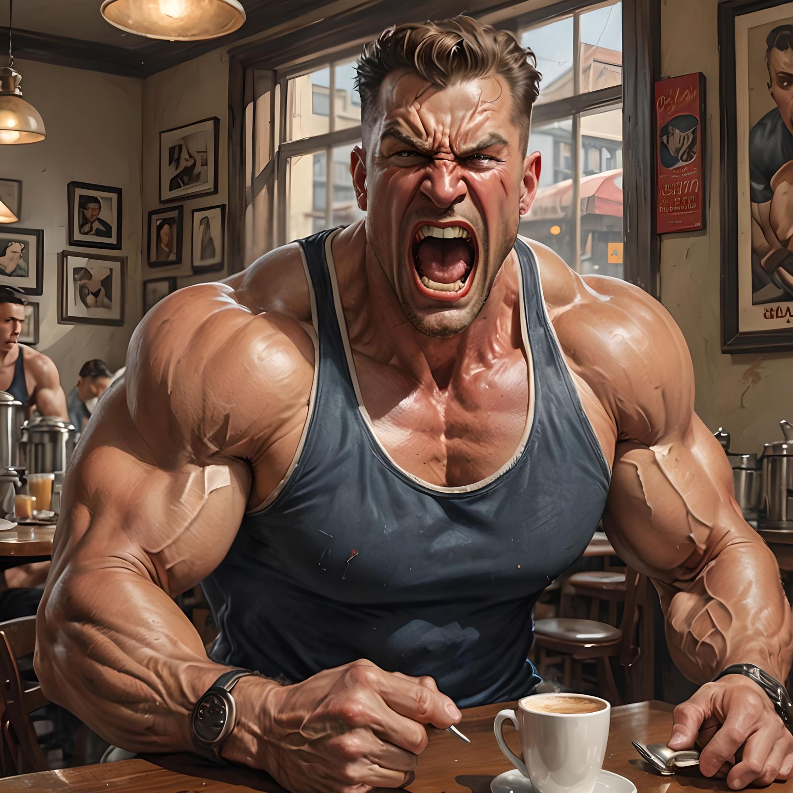 Hyperrealistic Muscular Man Screaming in a Cafe