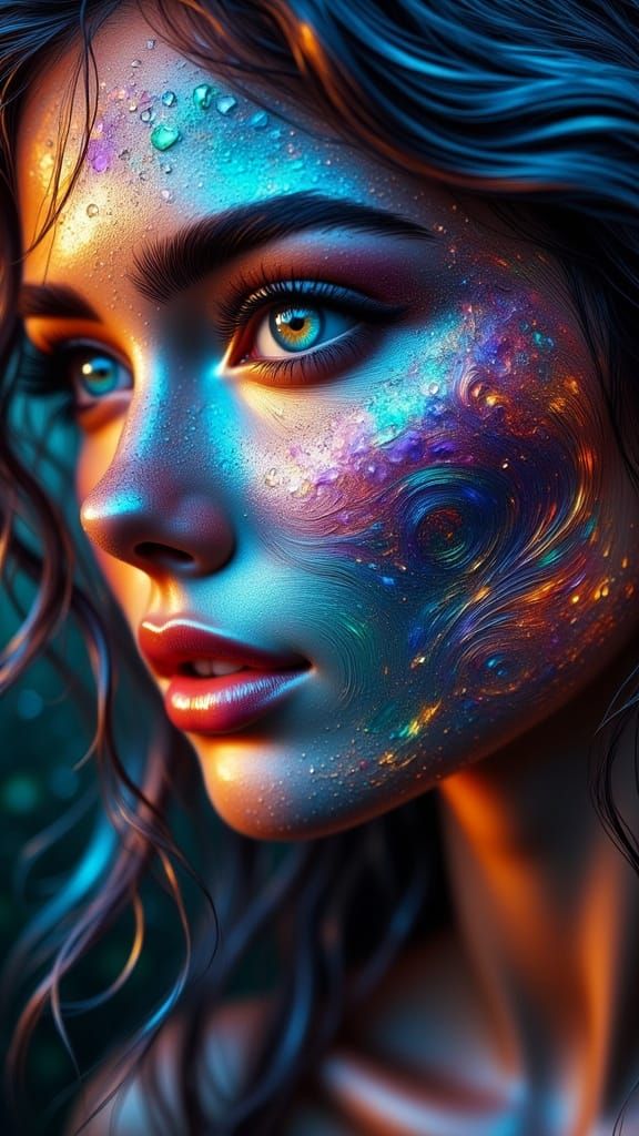Rainbow Opal Face Woman in Hyperrealistic Style