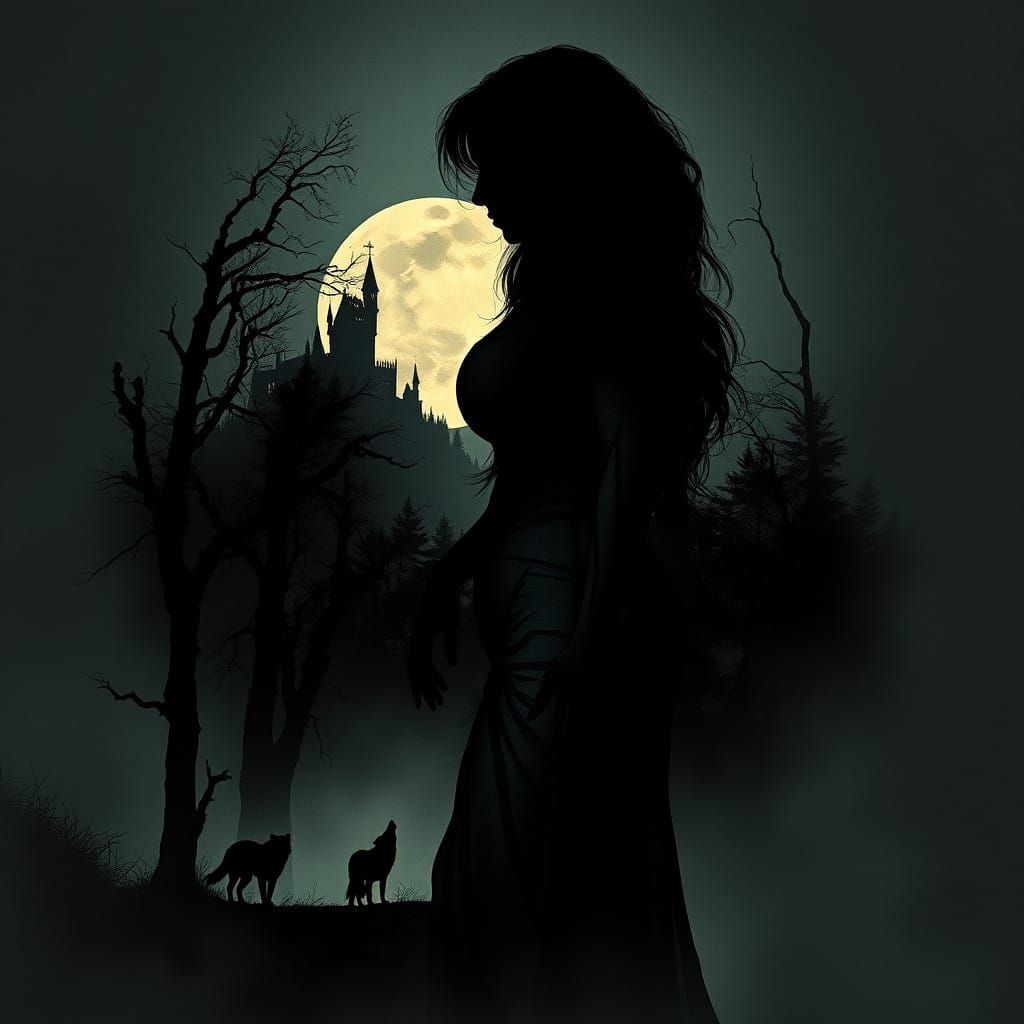 Mysterious Vampire Woman Silhouetted by Full Moon in Dark Fo...